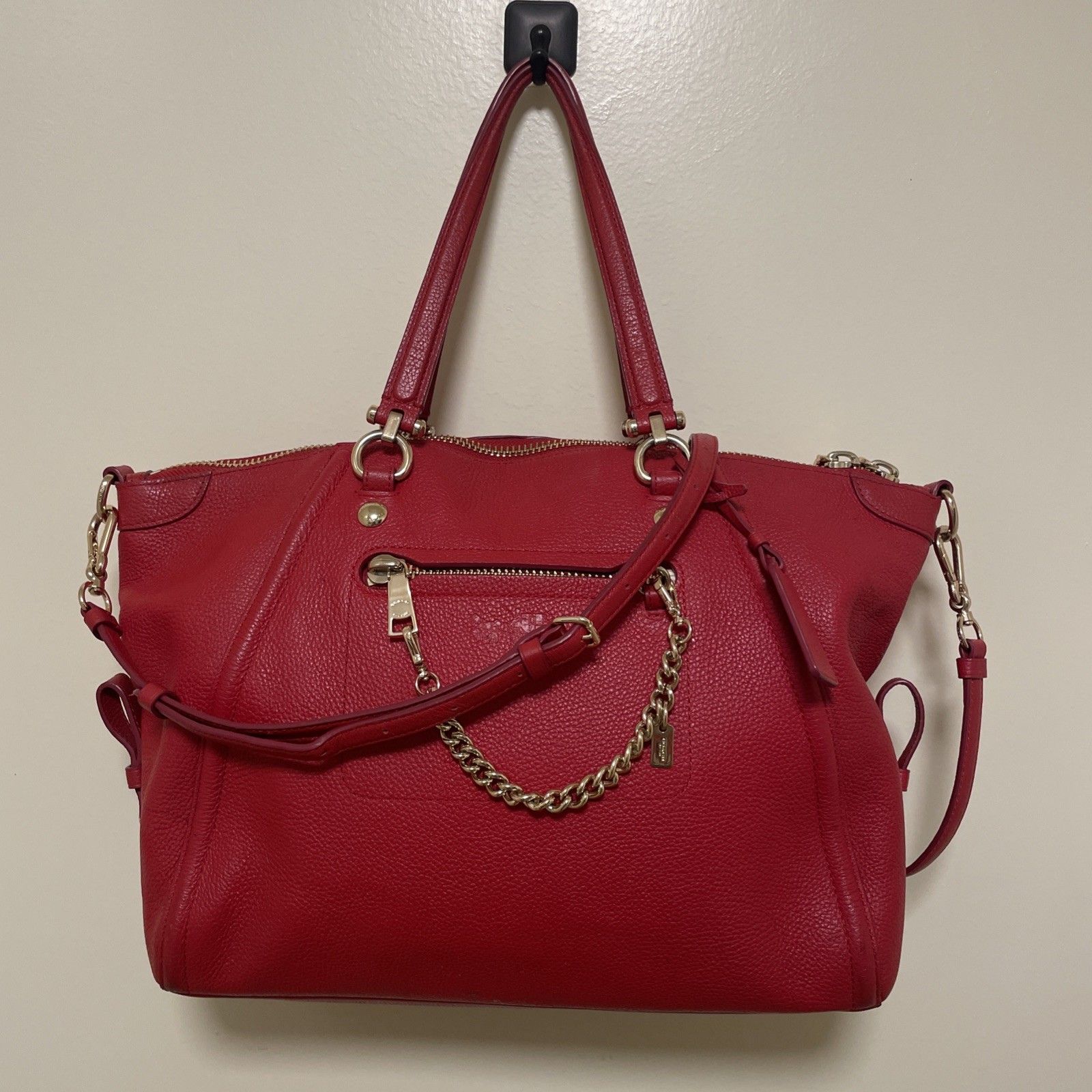 Coach Prairie True Red Pebbled Leather Convertible Chain Satchel Gold